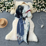 Small High-End Dress Women Design Feel Strapped Waist Bat Sleeve Pressure Fold Printing Irregular Dress Dress