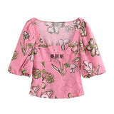 2025 Summer New Women's Collar Bubble Sleeve Short Linen-Blend Print Top