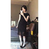 Black Niche High-End Set Women's 2025 Summer Body-Repair Short-Sleeved Blouse Mesh Lattice Half-Dressed