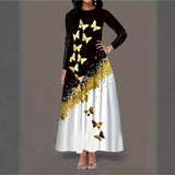 Fashion Women's Autumn And Winter Butterfly Print Long-Sleeved Dress Pocket Temperament Round Tie Sling A Word Long Dress