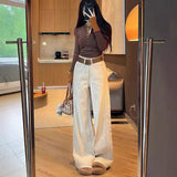 Korean Apricot High-Waist Plus Velvet Thin Straight Jeans Women 2025 Autumn And Winter Loose Commute Wide-Legged Trousers