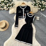 Small Fragrant Style High-End Set Of Women's Autumn Fashion Crash Round-Neck Long-Sleeved Knitted Shirt Sleeveless Vest Skirt