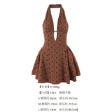 Short Dress Body With Bare Back Hanging Neck Dress Female Hollow Deep V-Necked Minority French Folded A-Word Mini-Skirt Dress Dress