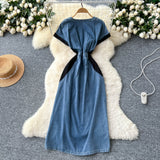 Vintage Elegant Denim Dress Woman 2025 Summer High-End Heavy Industry Diamond Embroidery Waist V-Neck Short-Sleeved Long Dress