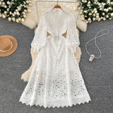 Advanced Sense Of Elegant Lace Dress 2025 New Hollow Hooks Waist Lantern Sleeves Waist Waist Dress Dress