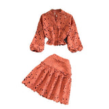 Vintage Temperament V-Neck Hollow Embroidered Lantern Sleeve Short Shirt Women Two Sets Hit High Waist Thin Word Half Skirt