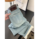 Hong Kong Style Loose Light Blue Plus Velvet Jeans Women Autumn And Winter High Waist Hanging Feeling Thin Broad Legs Thick Long Pants
