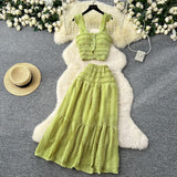 Reduce The Age Of Fresh Spring And Summer Holiday Wind Short Flying Sleeve Slings Slings + High-Waisted Wrinkles Skirt Two Sets