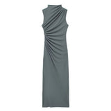 Women's Clothing 2025 Spring New Sleeveless Wrinkles Decorated Semi-High Collar Net Fan Flute Dress