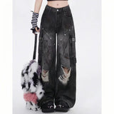 Fat Mm Cool Hole Jeans Female Large Size Street Personality Babes Tied Loose Thin Leg Trousers