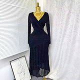 Autumn New Sexy Cross-Dress V-Neck Long Sleeves Elastic Mesh Hot Diamond Dress Female Elegant Dress