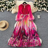 High-End Elegant Dress Women Fashion Nail Ball Collar Hollow Pressure Folding Lantern Sleeves To Print Long Skirt