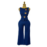 Temperament Design Sense Metal Buckle Round-Neck Sleeveless Vest + High-Waist Broad-Legged Trousers Denim Set Of Women