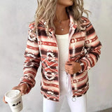 New Large-Size Fashion Casual Casual Women's Loose Geometric Pattern Print Hooded Zip-Down Jacket Woman
