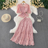 Famous Yuan Age Reduction Heavy Lace Embroidery Round Shirt Design Single Buckle Top Two Sets Of High-Rise Half-Dress