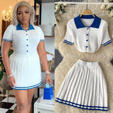 Pure Hot Babes Hit The Color Polo Collar Short-Sleeved Shirt Top + High Waist Thin 100-Folded Skirt Two Sets Of Summer