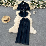 French Light-Cooked Wind Strap To Close Waist Short-Sleeved Cowboy Topess Female High-Waisted Fork Hip Skirt Summer Two-Sleeve