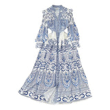 Spring And Autumn Retro Court Style Lotus Leaf Side V-Neck Single Buckle Lantern Sleeves To Close The Waist A Word Print Dress Woman