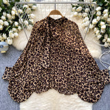 Chiffon Top Spring Fashion Bow Tie With Lantern Sleeves Long Sleeves Loose Shirt Woman