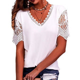2025 Women's T-Shirt Burst Lace Splicing Loose V-Neck Short-Sleeved T-Shirt