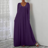 Summer New Long Dress Casual Loose Short Sleeve Pure Color V Collar Body Size Dress