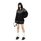 Autumn And Winter Wearing Black Ash Splicing Colliding College Style Cardigan Sweater Over The Couple Niche Oversize Knitwear Shirt