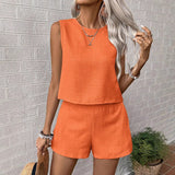 2025 Solid Imitation Cotton Sleeveless Vest Shorts Casual Fashion Two-Piece Suit Woman