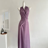 New Femininity Purple V-Necked Neck Dress Female Design Feel Belt Strap Vest Skirt