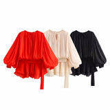 Three-Color Bubble Sleeve Lotus Side Wrinkle Skirt 2025 Spring And Summer Lace With Round Tie Waist Mini Dress