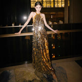 Golden New Chinese Dress Light Luxury Niche 2025 New Famous Wind Hanging Neck Heavy Industry Slew Sexy Bare Back Dress