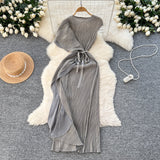 Three-House Folded Dress Design Irregular Lotus Leaves Side To Receive Waist Repair Bright Silk Pressure Folds