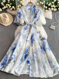 Court-Style Retro-Print Collar Bubble-Sleeved Dress Women's Summer Straps To The Waists To Show A Thin Swollen Dress