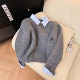 Autumn 2025 New Fake Two Shirt Collar Sweater Women With Lazy Wind Collared Gray Knitted Shirt Top