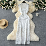 Vintage Light Luxury High-End Sleeveless Dress Female Summer Mesh Yarn Hollow Hook Open Fork Design Long Dress
