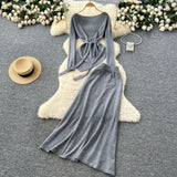 French Temperament Wears A Female Autumn And Winter Design Sense Of Irregular Strap To The Waist Long-Sleeved Knitted Shirt + High Waist Half-Dress