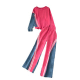 Korean Version Of The Casual Sports Suit Women's Autumn Design Feeling Loose Collar Collar High-Waisted Denim Splicing Trousers