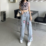 Spring And Autumn Sweet And Spicy Girl Rose Print Jeans Women Design High Waist Straight Trousers Hanging Broad Leg Trousers