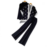 Fashion Ocean Gas Three-Piece Loose Wind Letter Embroidered Cardigan Jacket Bottom High Collar Knitting Tops Broad Legs