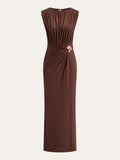 2025 New Women's Folded Wrinkles Sleeveless Long Dress Stylish Metal Decorative Solid Color Dress