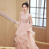 Pink Art Exam Evening Dress Woman 2025 New Long-Sleeved Light Luxury Small Temperament Long Banquet Host Ponpong Skirt