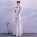 White Feather Hanging Neck Open Shoulder Fashion Atmosphere Thin Long Skirt Evening Dress Students Graduation Performance Choral Costume