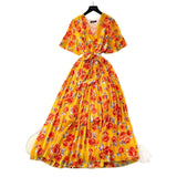 2025 Summer Dress New Female High-End Feel Strapped Belt V Collar Horn Sleeves Thin Temperament Print Chiffon Dress