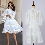 Solid-Color Dress Eugen Yarn Half-Open Lantern Sleeve Middle Sleeve Dress Lace Lace To Receive Waist Skirt
