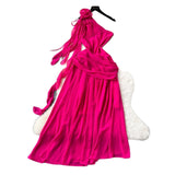 Atmosphere Three-Dimensional Flowers With Slanted Shoulder Dress Women's Folds To Waist Chic Design Irregular Vacation Dress