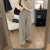 Vintage Brown Plus Velvet Jeans Women's Autumn And Winter High-Waisted Thin Straight Barrel Loose Broad Legs Long Trousers
