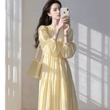 French Yellow Bubble Sleeve Collar Dress Women Spring Lazy Wind Loose Waist Thin Swing A Word Dress