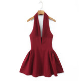 Short Dress Body With Bare Back Hanging Neck Dress Female Hollow Deep V-Necked Minority French Folded A-Word Mini-Skirt Dress Dress