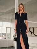 Summer New Women's Fashion Temperament Collar Single-Dcupuncture Dress Retro Knitted Long Dress
