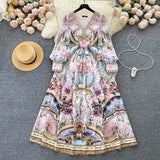 French Court Style Retro Print Temperament V Collar Bubble Sleeve Long Dress High-End Niche Dress Dress