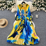 High-End Elegant Dress Women Fashion Nail Ball Collar Hollow Pressure Folding Lantern Sleeves To Print Long Skirt